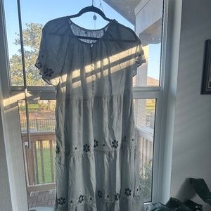 Embroidered Flutter-Sleeve Tiered Midi Dress